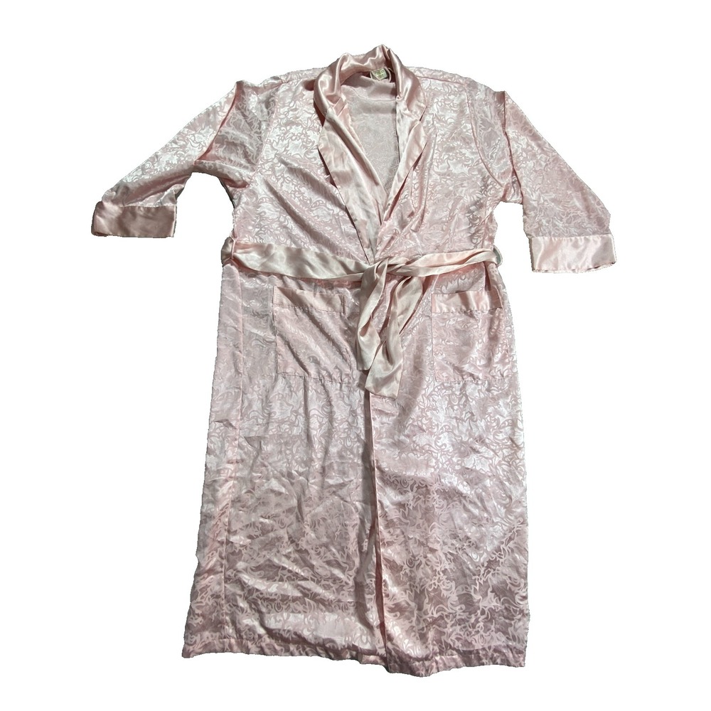 Vintage Victoria's Secret Robe Womens M Pink Jacquard Floral Satin Waist Belt - Picture 1 of 9